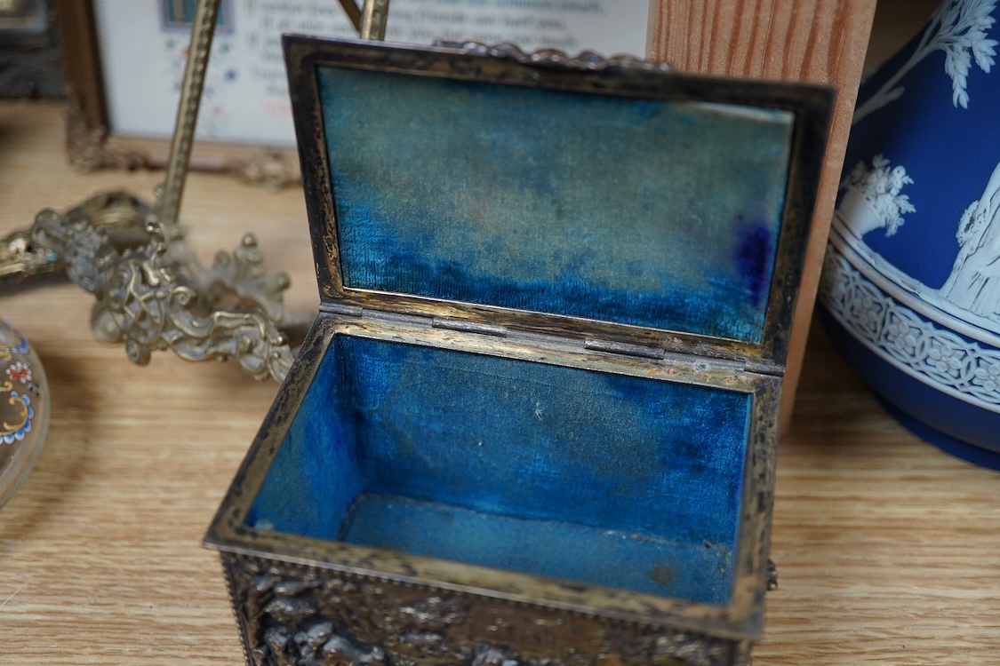 A group of brass and other metalware including an easel, various boxes, mirror etc.(9).